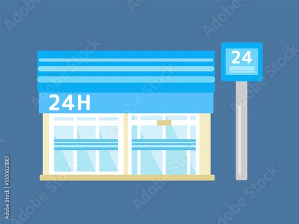 Obraz 夜間の都会的デザインの青いコンビニ建物イラスト