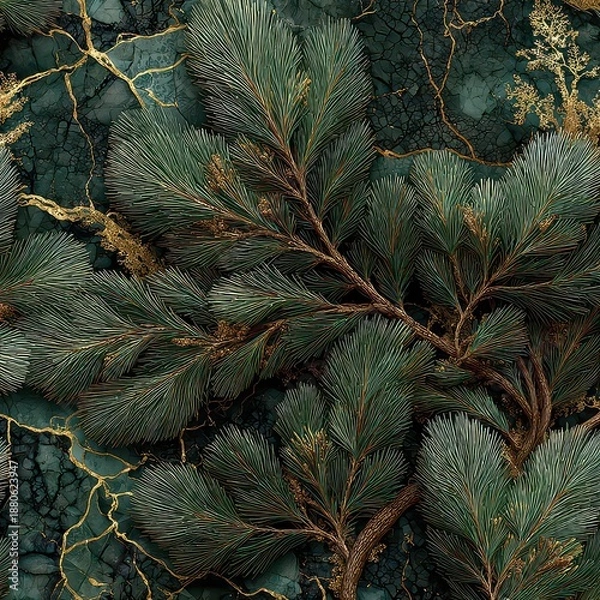 Obraz Elegant Green and Gold Leafy Pattern on Dark Marble Background