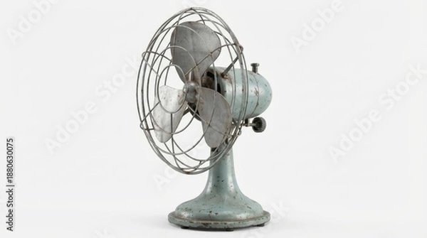 Obraz 昭和レトロな青緑色の金属製扇風機の3Dレンダリング白背景 generative ai