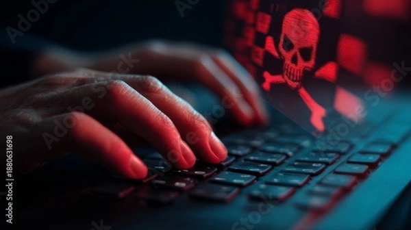 Obraz Hacker typing on keyboard with digital skull icon