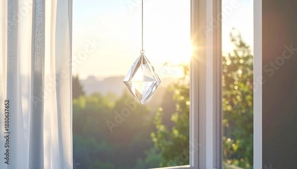 Obraz 春の自然光が差し込む窓辺に、透明なクリスタルサンキャッチャーが静かに吊るされたミニマルな室内風景です。
淡いニュートラルカラーの空間に、繊細なプリズム光が壁や床にやさしく映ります。
装飾を抑えたクリーンな構成で、落ち着きと余白を感じさせます。
季節感のあるライフスタイル、インテリア、広告背景として幅広く使用できます