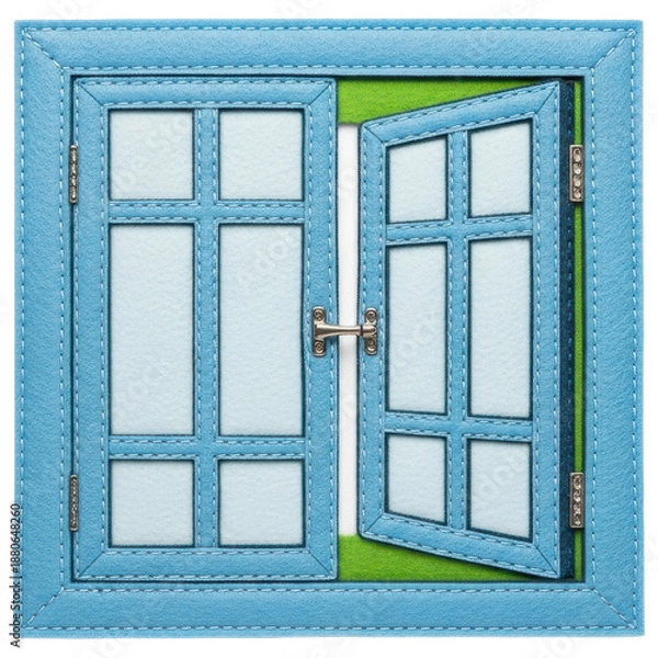 Obraz Blue felt window frame with one open pane on transparent background