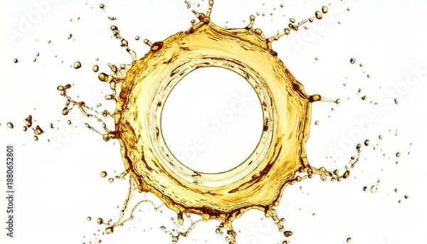 Obraz アンチエイジングや美容液　白背景に浮かぶ円形のゴールドウォータースプラッシュと液体のフレーム素材