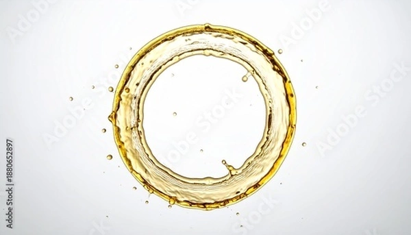 Obraz アンチエイジングや美容液　白背景に浮かぶ円形のゴールドウォータースプラッシュと液体のフレーム素材