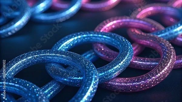 Fototapeta Interlocking chain links featuring blue glitter texture closeup