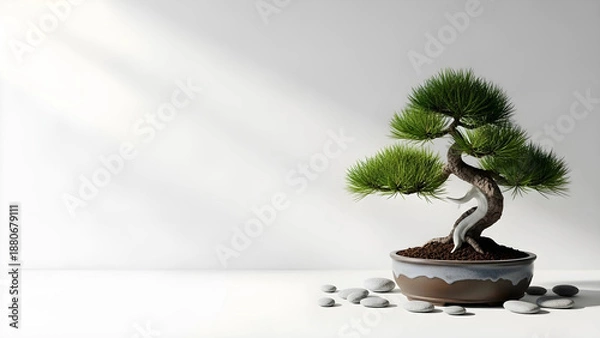 Obraz 松の盆栽を配置した静寂な和モダンフレーム素材 白背景 16:9