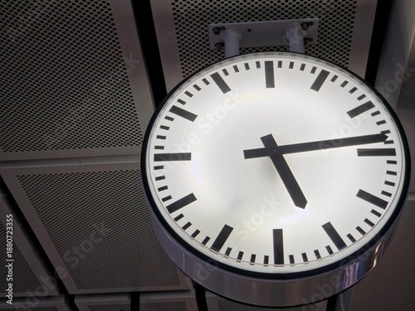 Obraz Large Circular Industrial Station Clock Mounted on Perforated Ceiling