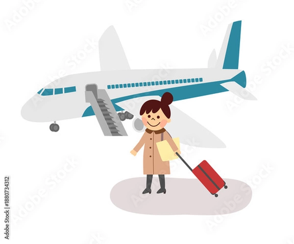 Fototapeta 飛行機に搭乗する若い女性