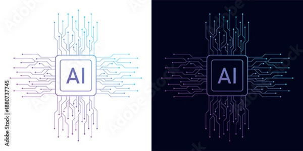 Fototapeta Artificial Intelligence AI Chip in Human Brain. Artificial Intelligence icon with Machine learning, digital skills, generative AI, AI technology, algorithm, virtual intelligence and future