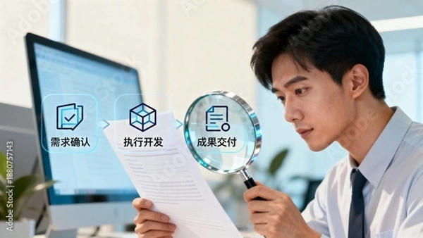 Obraz Man examining document with magnifying glass