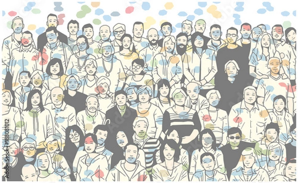 Obraz Illustration of group of people smiling and posing for a photograph in colorful festive atmosphere