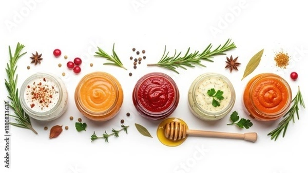Obraz Assorted sauces and spices on white background