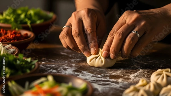 Obraz Warm Tone Culinary Hands Shaping Delicious Dumpling at Rustic Table