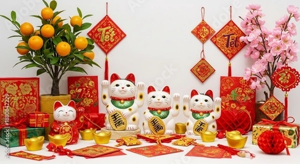 Obraz 穏やかな光が注ぐテーブルには三匹の招き猫が座し金運を招くミカンの木や金色の元宝赤い福字の飾りや紅包が豊かさと繁栄を願う春節の喜びと活気に満ちたお祝いの風景. AI Generated