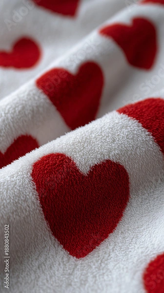 Obraz White plush blanket with red heart pattern 