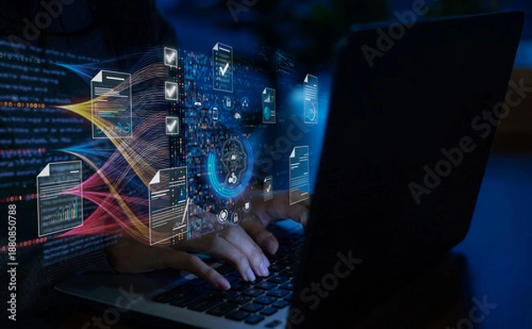 Fototapeta ai data analytics and automation technology workflow on computer dashboard interface