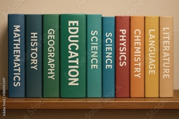 Obraz Various educational books lined up on a shelf for learning and knowledge, textbooks, study.