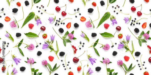 Fototapeta Seamless pattern from plants, wild flowers and  berries, isolated on white background, flat lay, top view. The concept of summer, spring, Mother's Day, March 8. 