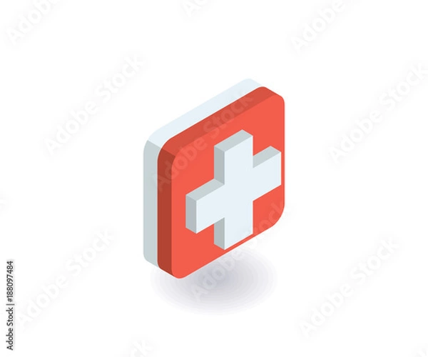 Obraz First aid, medical cross icon. Vector illustration in flat isometric 3D style.