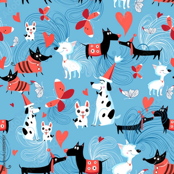 Fototapeta Seamless bright pattern of enamored dogs