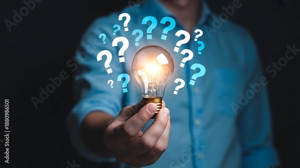 Fototapeta Glowing Lightbulb with Question Mark Icons Representing Problem Solving and Brainstorming Solutions