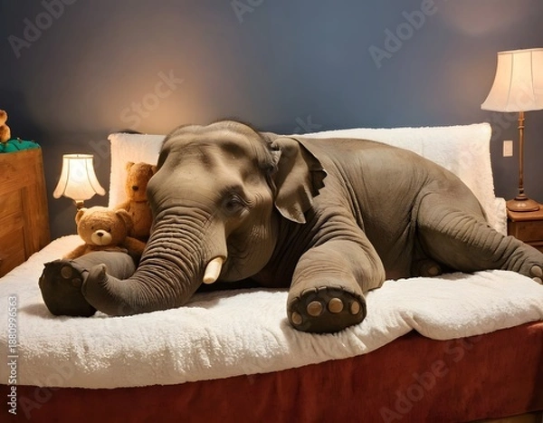 Obraz Cute Elephant Lying on Bed Looking at Camera