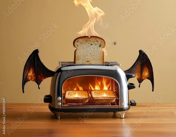 Obraz Toaster with Dragon Wings Burning Bread with Huge Flames