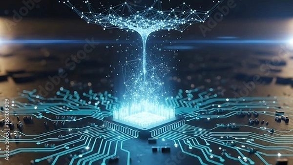 Fototapeta Glowing blue digital network emanating from a central processor technology data circuit