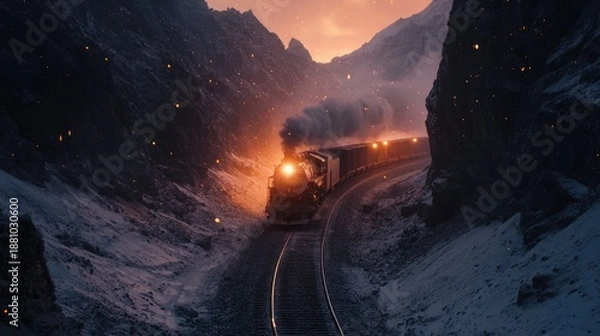 Obraz Freight Train Passing Through Snowy Mountains at Dramatic Sunset