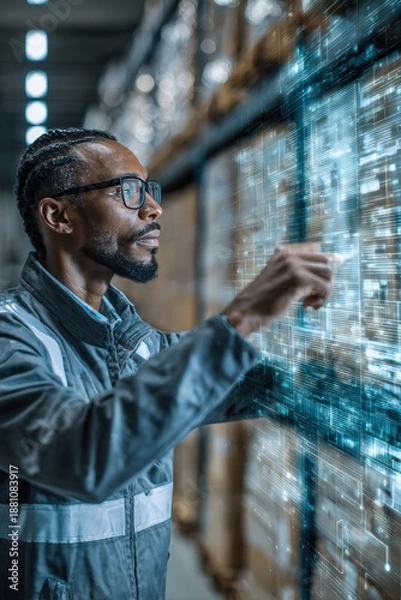 Obraz Man Using Holographic Interface in Digitally Transformed Warehouse