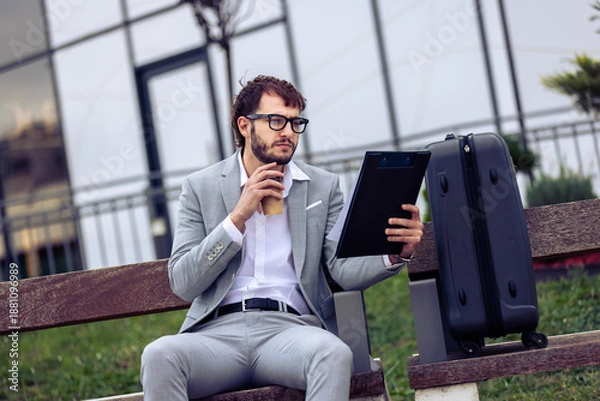 Obraz Businessman Sitting on Bench Using Tablet and Drinking Coffee