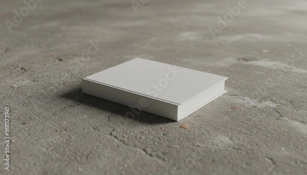 Fototapeta A rectangular, blank book rests on a rough, textured concrete surface, casting a subtle shadow