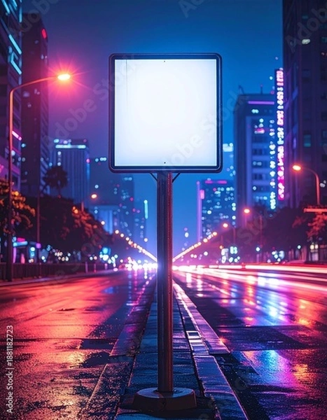 Obraz 夜景都市の道路標識モックアップ背景