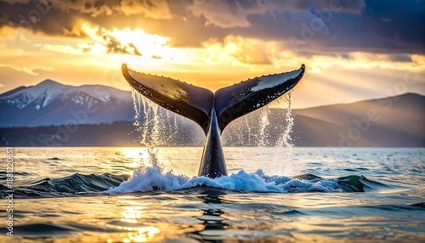 Obraz Humpback whale tail emerging from ocean surface at sunset