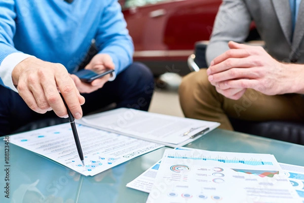 Fototapeta Close up of two unrecognizable young men discussing sales strategies and marketing statistics sitting at coffee table with charts and graphs