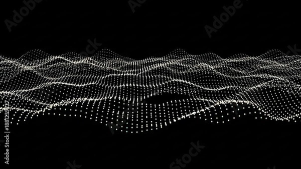 Obraz Abstract digital wave pattern formed by numerous glowing white dots on a dark background, representing data visualization or sound waves.