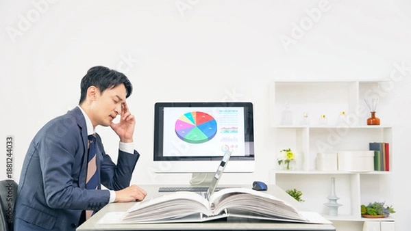 Obraz オフィスで仕事をしながら悩む男性ビジネスパーソン