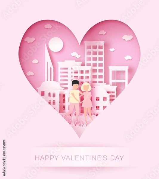Obraz Happy Valentine's day 3d abstract paper cut illustration of colorful paper art landscape with paper cut couple, big city