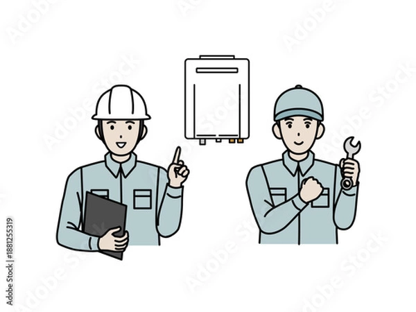 Fototapeta ガス給湯器の交換や取り付けをする業者のイラスト
