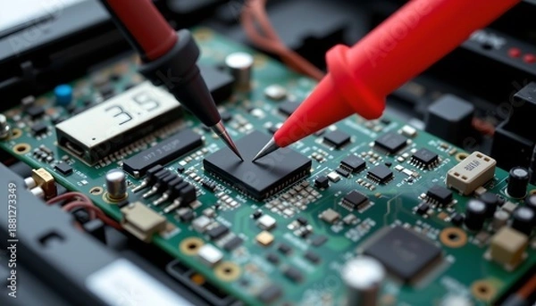 Obraz Precision testing of circuit board components electronics lab closeup photography controlled environment technical viewpoint