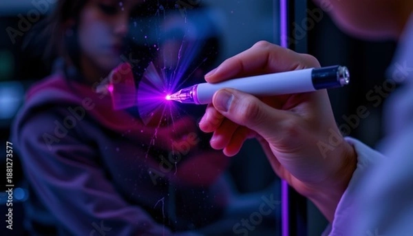 Obraz Technician using uv light for material analysis laboratory image capture indoor close-up innovative techniques