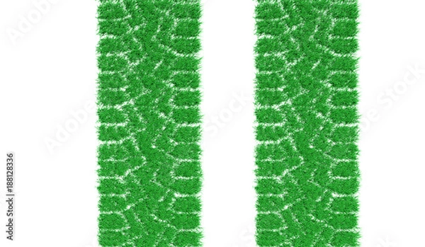 Fototapeta 3d rendering track from car tires overgrown with green grass