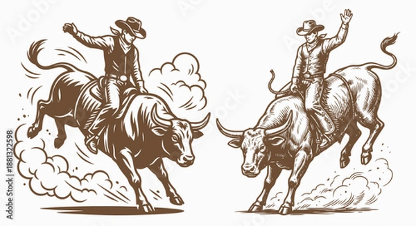 Obraz Cowboy Riding Bull Vector Set