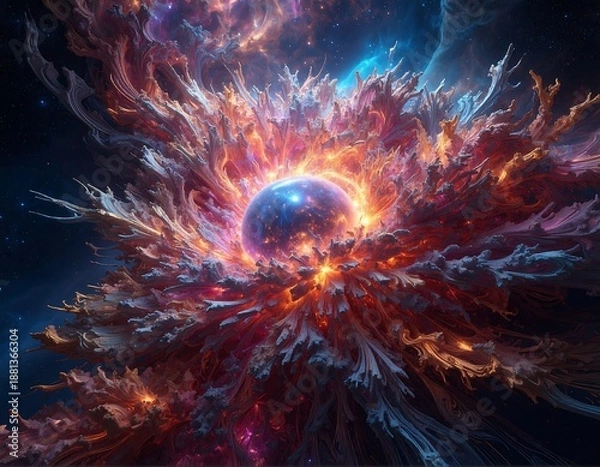 Obraz A vibrant cosmic explosion featuring a central blue planet