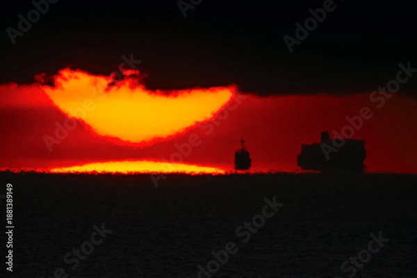 Obraz 海から離れて雲に入る日の出の太陽20220101