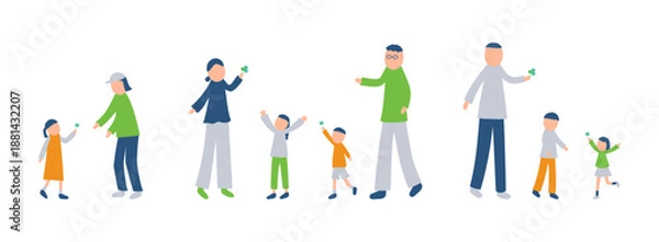 Obraz 四つ葉のクローバーを見つける家族のイラストセット