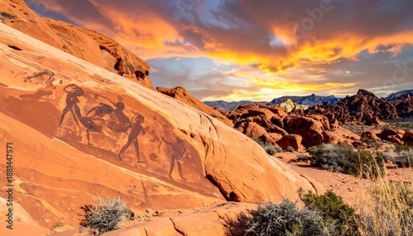 Obraz Ancient drawings on red rock with sunset and dramatic clouds