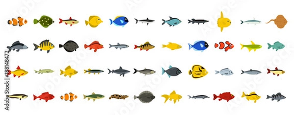 Obraz Zestaw ikon ryb, płaski