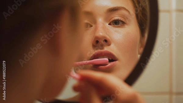 Obraz A person brushes their teeth while looking in a mirror.