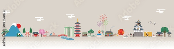 Obraz 日本の伝統的な建物や風物や行事。四季の風景のイラスト